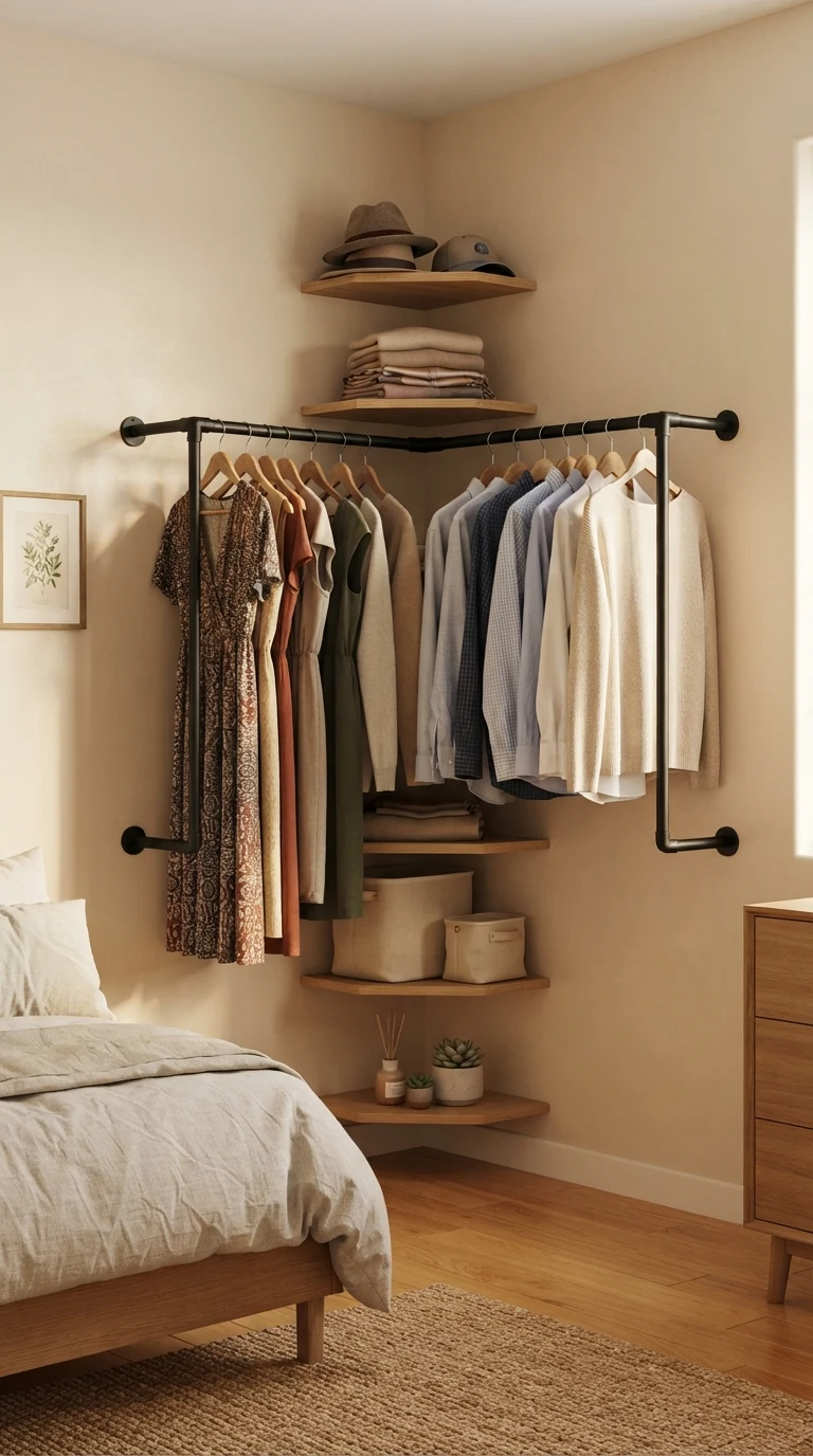 Black metal L-shaped corner clothing rack fitting neatly into a ninety-degree bedroom corner
