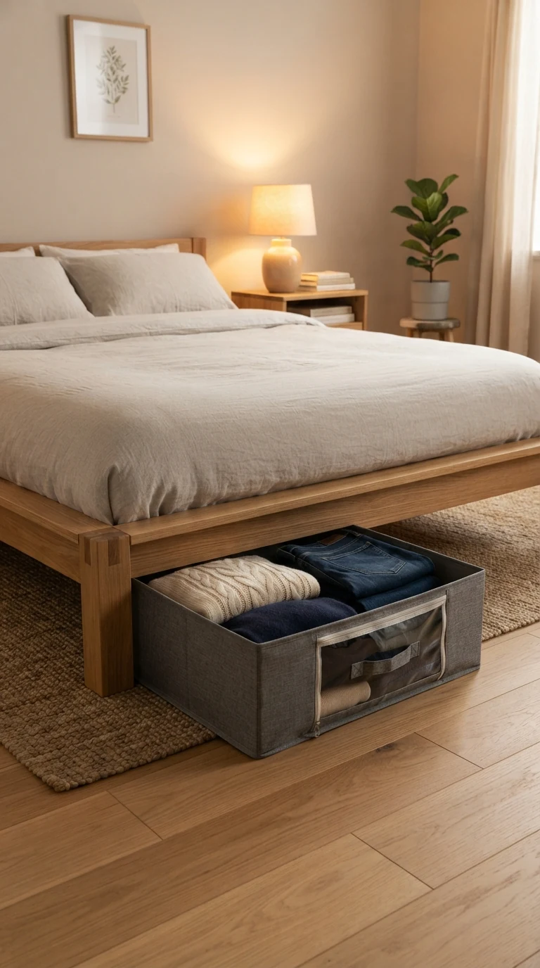 Low-profile grey fabric under-bed storage container with clear window pulled from under an oak platform bed