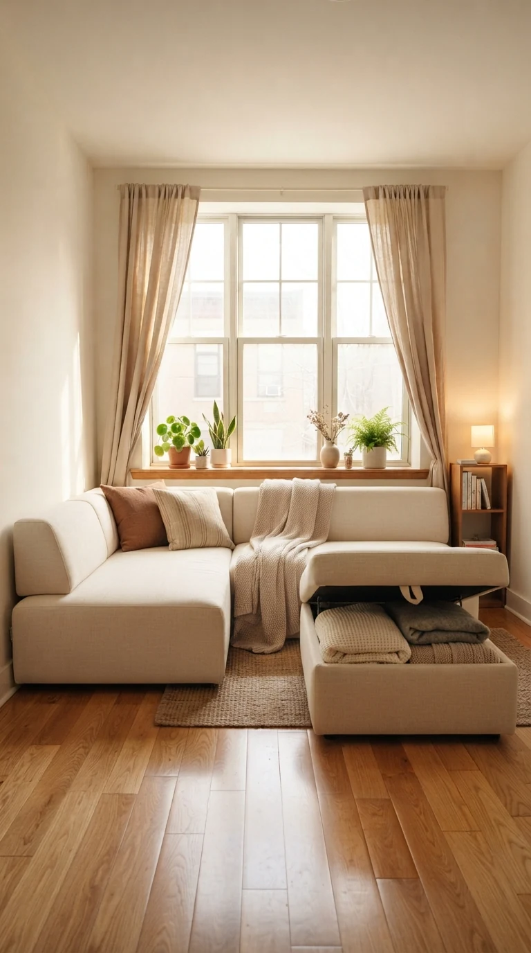 Modular small sectional couch paired with a fabric storage ottoman in a compact modern apartment