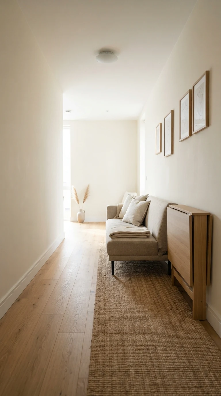 Narrow apartment room with sofa and folded drop-leaf dining table lined along one wall, entire opposite wall left open as a clear walking path