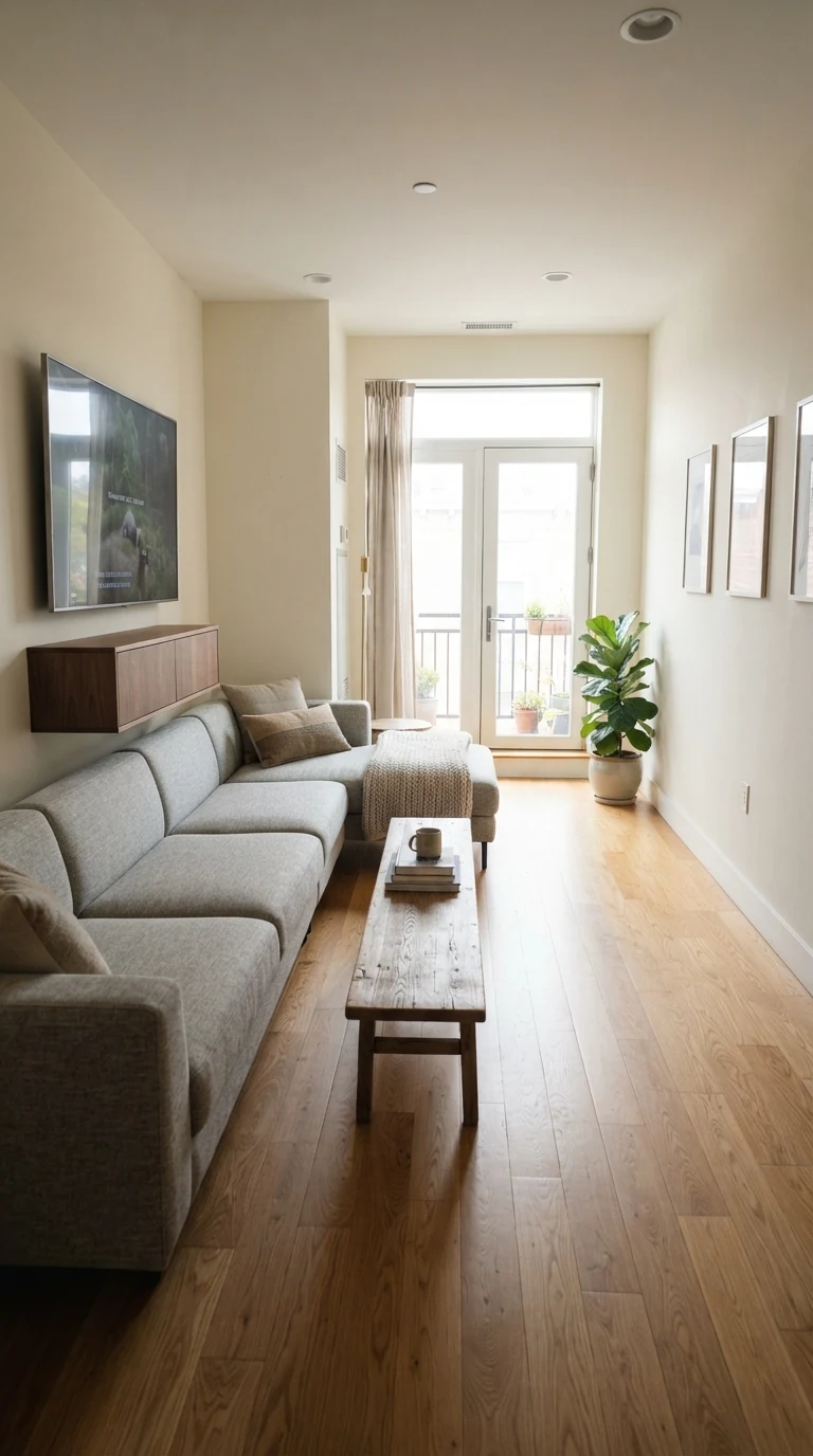 Narrow apartment living room with a slim sectional sofa hugging one wall, leaving a wide open walkway