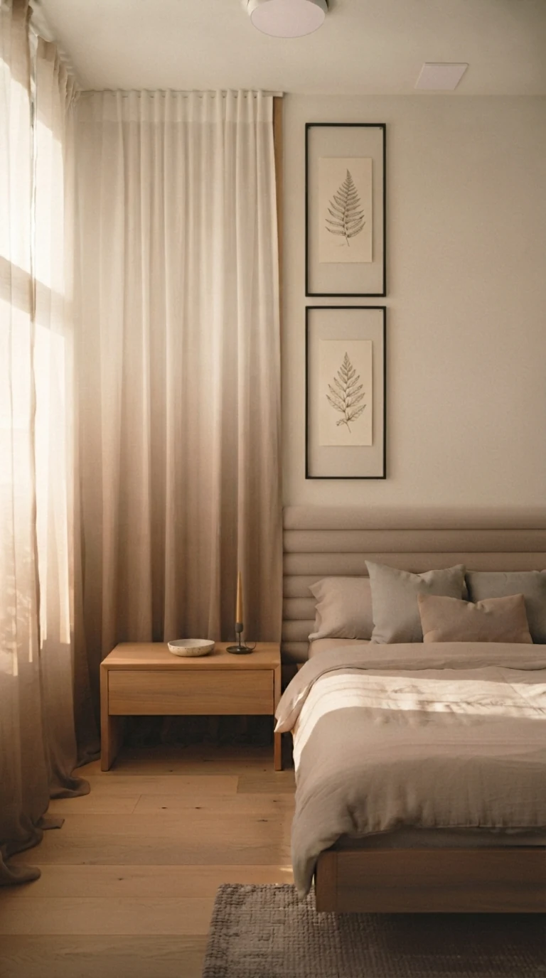 ombre sheer linen curtains transitioning from warm taupe floor to white ceiling track