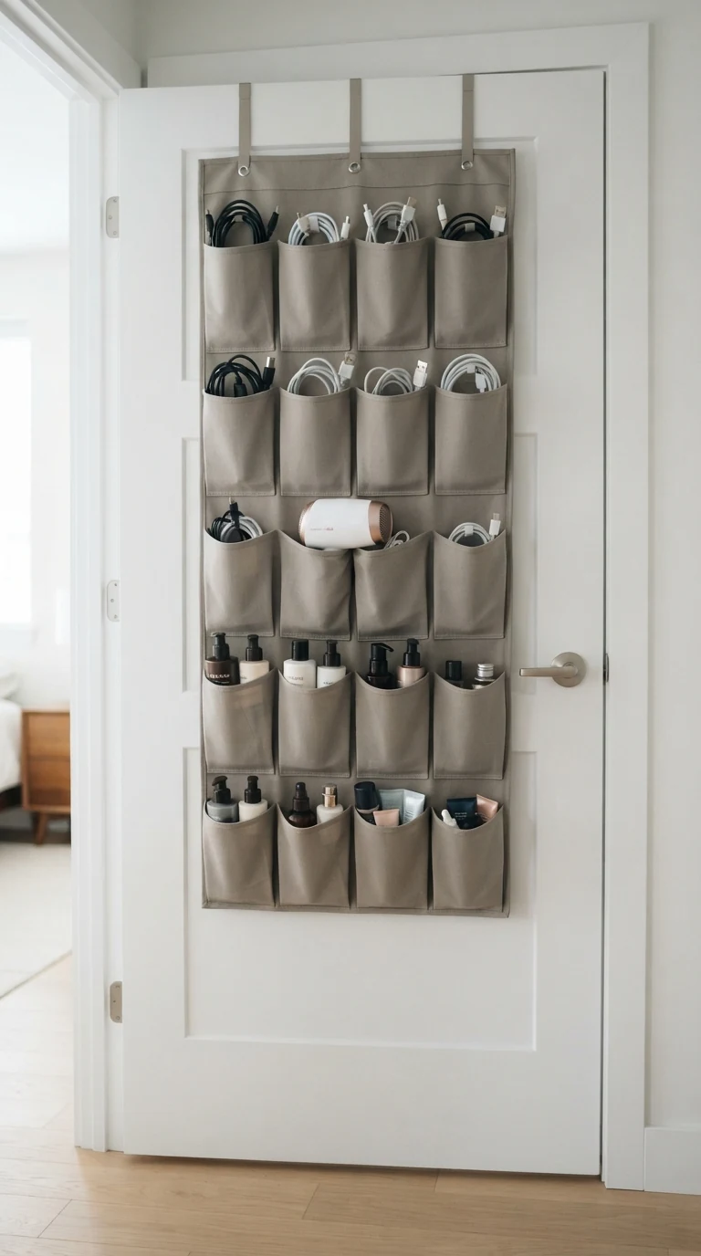 Heavy-duty neutral canvas over-the-door organizer holding cables, hair dryers, and grooming bottles