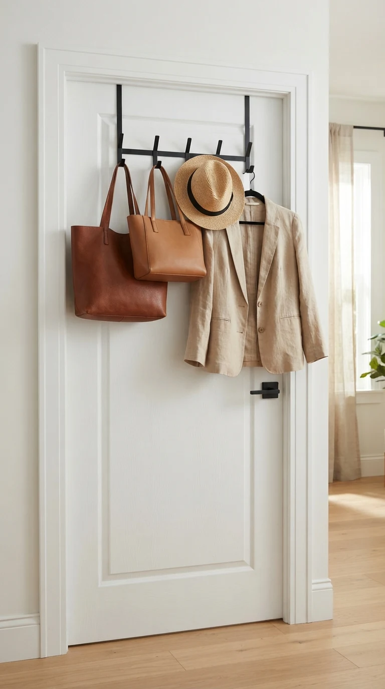 Matte black over-the-door organizer rack with deep hooks holding tote bags and hats on a bedroom door