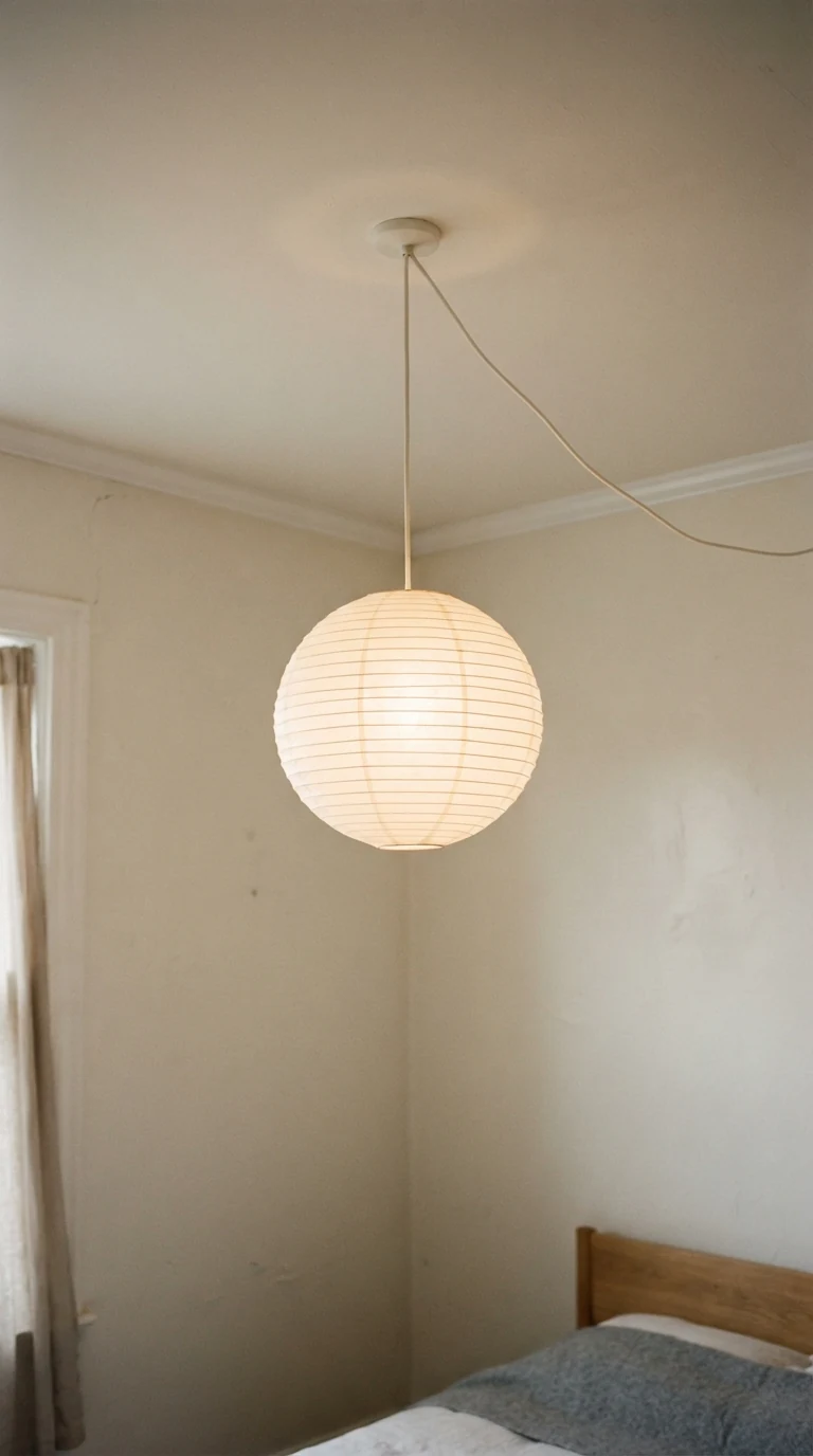 Japanese style spherical paper lantern pendant light hanging from a small bedroom ceiling