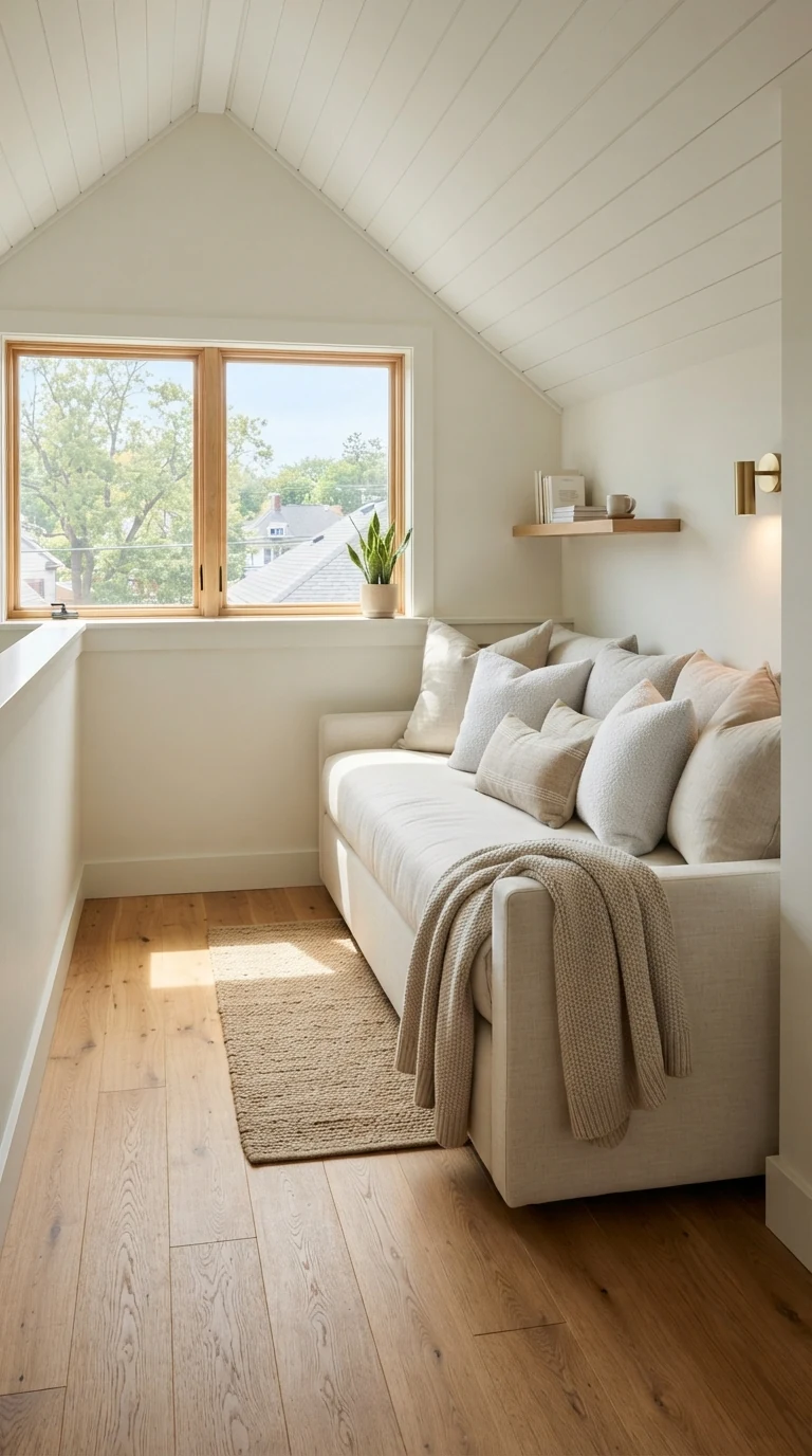 Daybed arranged parallel along a low four-foot knee wall in a narrow slanted ceiling dormer bedroom