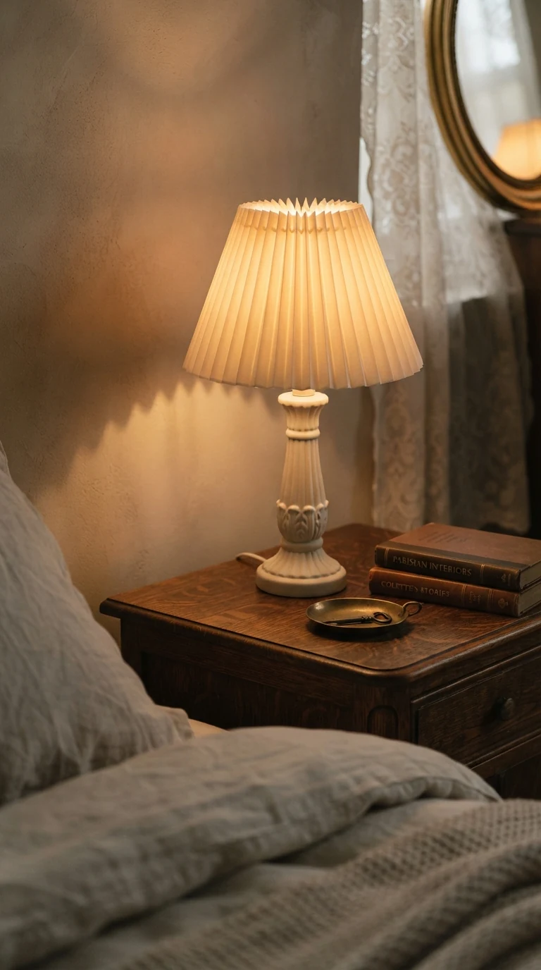 petite table lamp with cream accordion pleated fabric shade on ceramic base