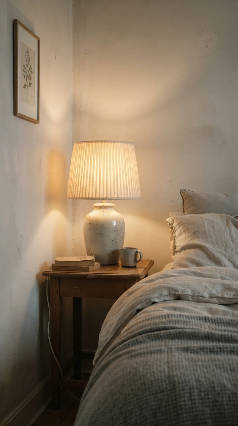 Translucent pleated linen lamp shade softly diffusing 360-degree warm light in a small bedroom