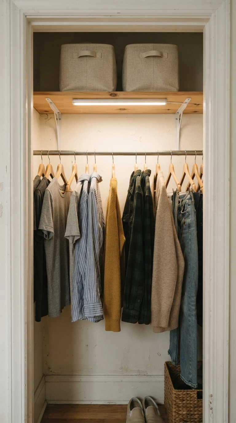 Small bedroom closet illuminated with a rechargeable magnetic LED light bar under the top shelf