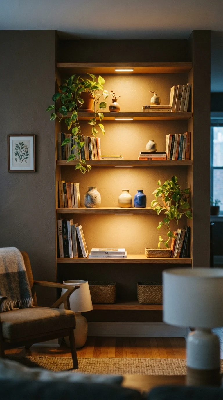Rechargeable magnetic puck lights mounted under open wooden bookshelves casting warm light onto books and ceramics
