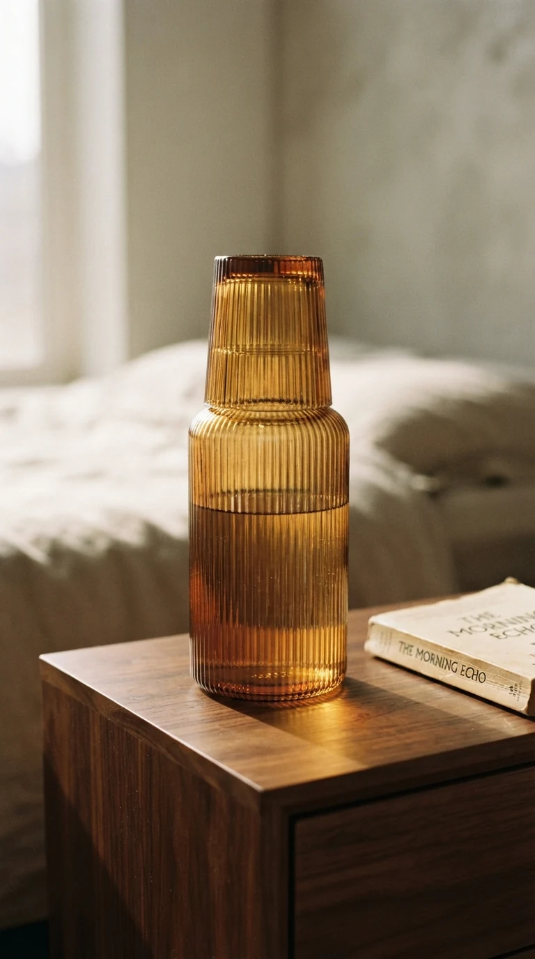 heavy ribbed amber glass bedside water carafe with matching tumbler on nightstand