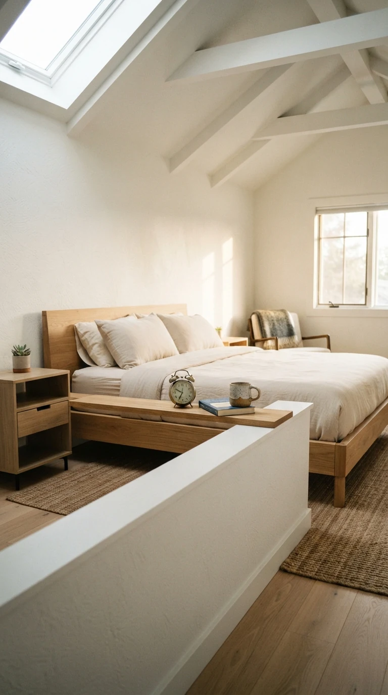 Platform bed pulled eighteen inches from a low knee wall with a slim wooden shelf ledge behind pillows