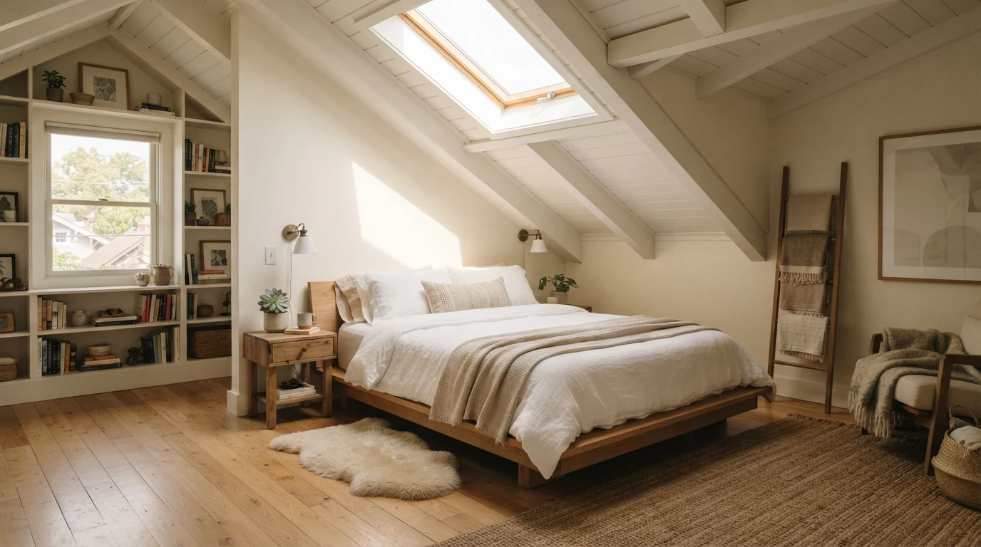 Smart slanted ceiling bedroom bed placement ideas featuring a low oak platform bed tucked under a white roof slope