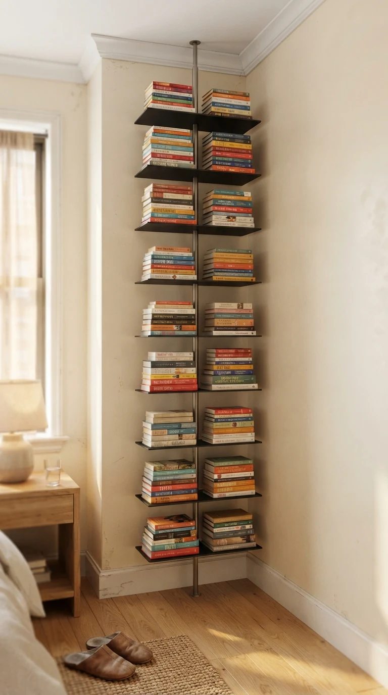 Tall slim vertical spine bookshelf in a small bedroom corner stacking books within a narrow twelve-inch footprint
