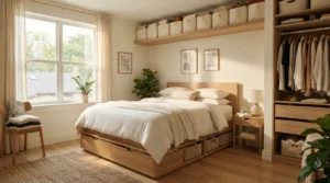 Smart small bedroom organization too much stuff setups featuring a high bed and upper ceiling shelf