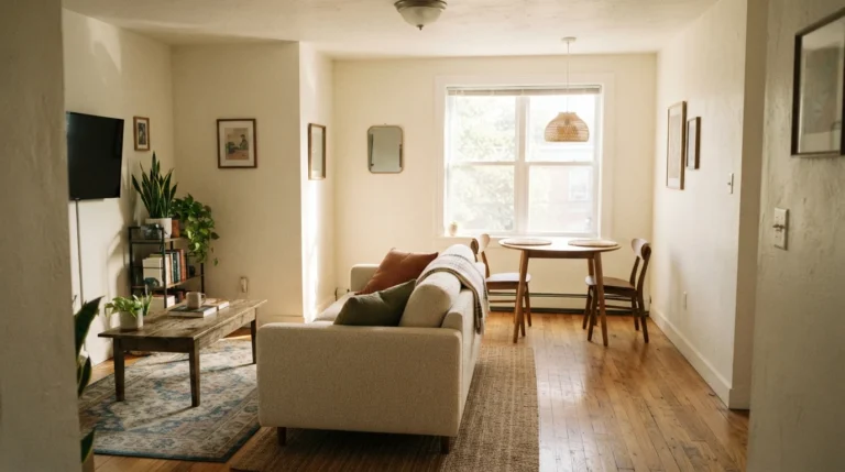 Small living room dining room combo layout with a floating sofa dividing the two zones, round oak dining table in background, warm afternoon light on hardwood floors