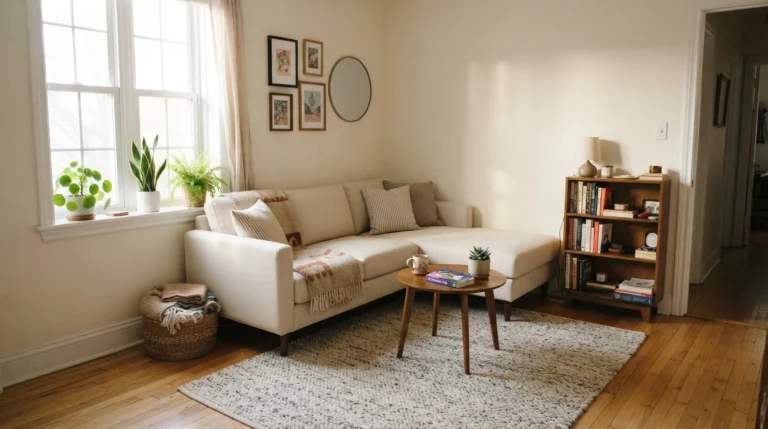 Small apartment living room with a compact cream sectional sofa in a sunny corner with a round wood coffee table