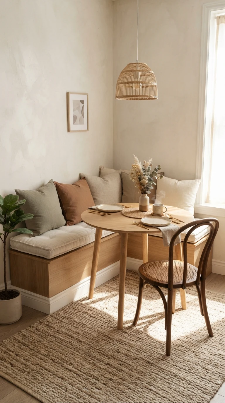 Corner dining nook in a small square apartment room with a wall bench, round oak pedestal table, and bentwood chair, low-pile woven rug, natural morning light