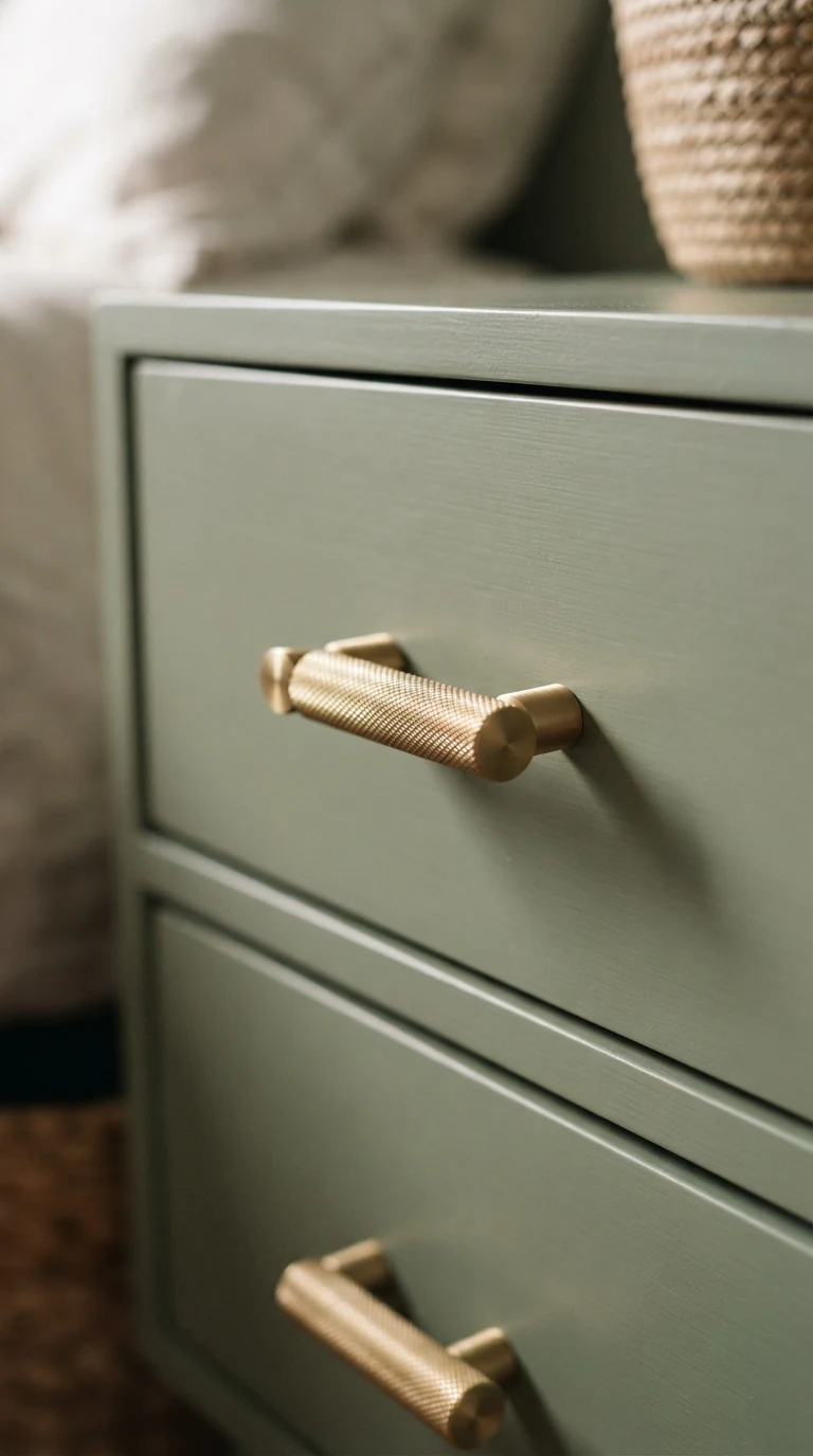 solid brushed brass knurled drawer pulls installed on painted nightstand