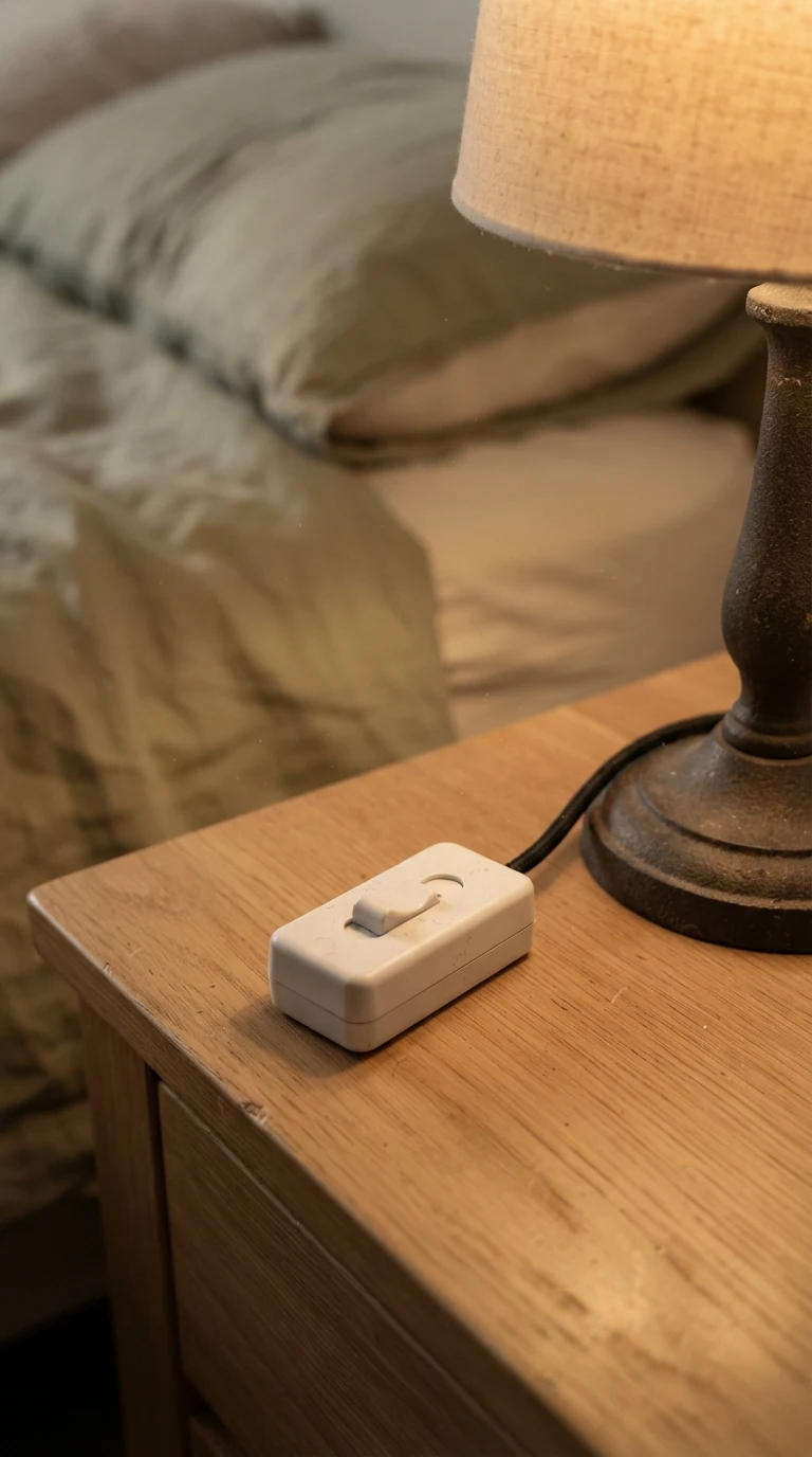 Plug-in tabletop slider dimmer switch module on a small wooden nightstand next to bedside lamp