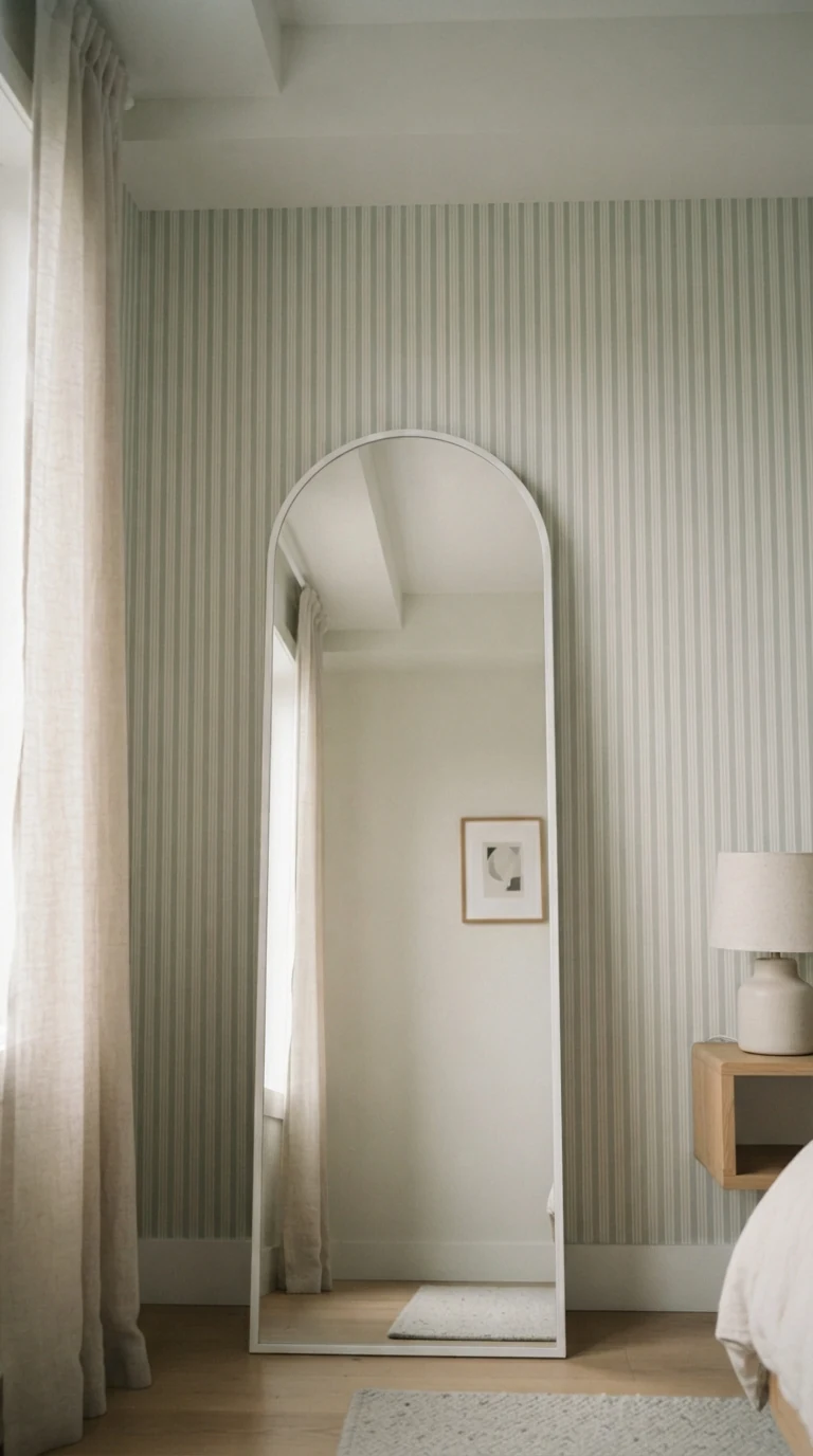 tall slender arched full-length mirror leaned against low bedroom wall