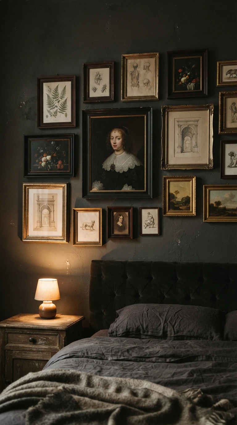 clustered vintage gallery wall with thrifted ornate gold frames and classical sketch art