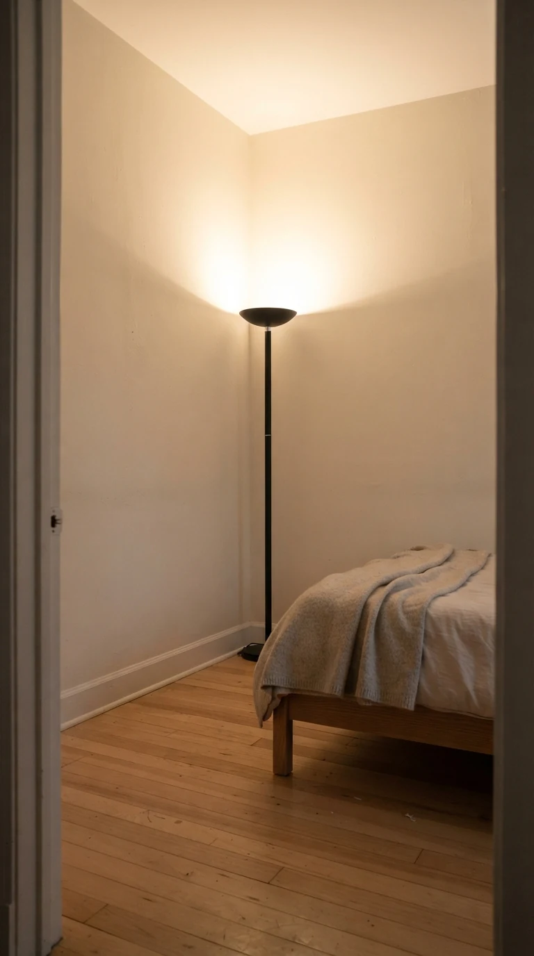 Slender matte black uplight floor lamp bouncing warm light off a small bedroom ceiling