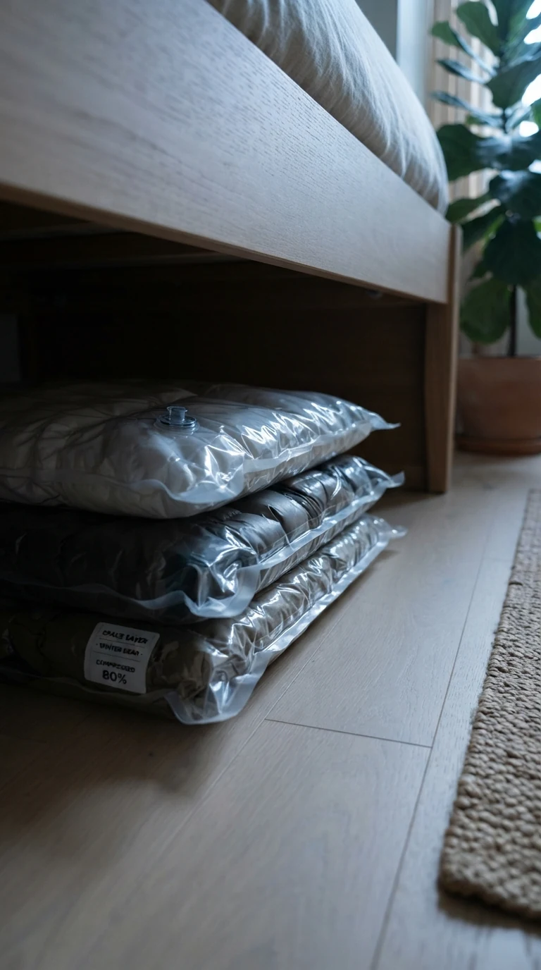 Flat vacuum-compressed storage bags holding winter duvets and coats stacked neatly on wooden floorboards