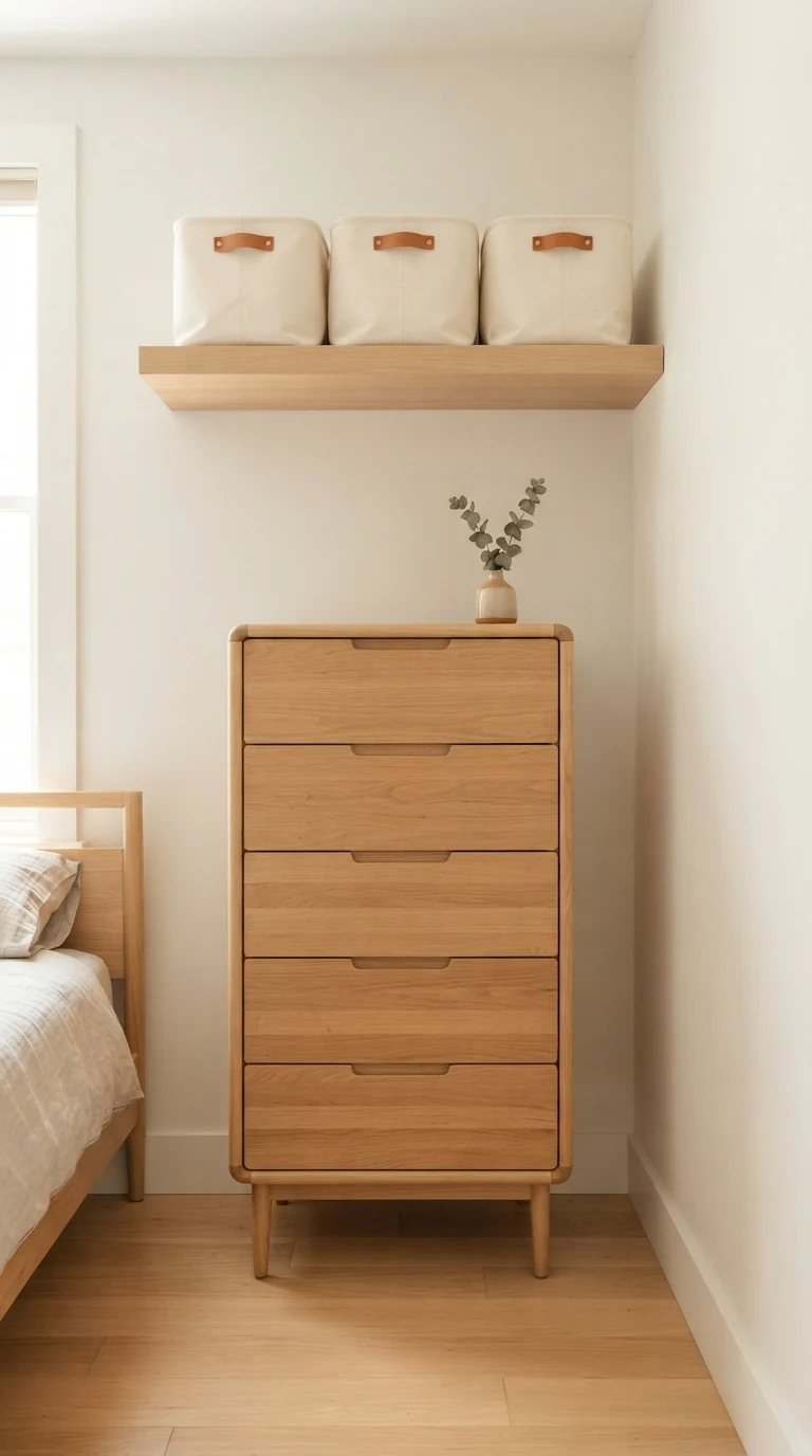 Tall narrow oak dresser paired with a high floating wooden shelf holding cream canvas storage boxes