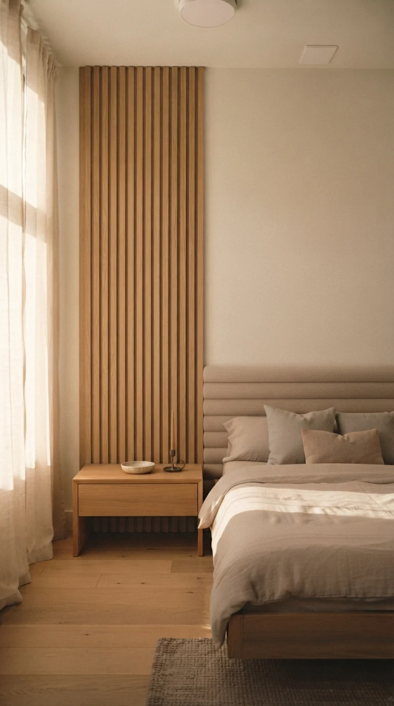 vertical natural oak acoustic wood slat panels adding height and shadow lines