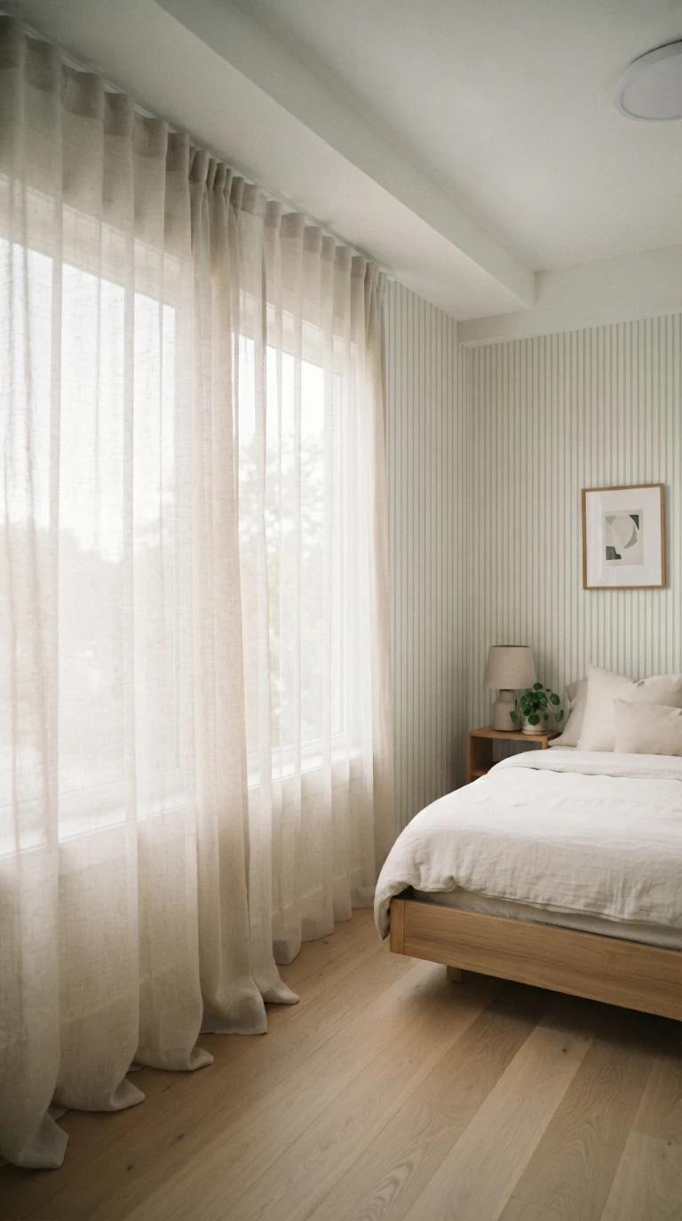 subtle vertical ticking stripe wallpaper accent wall behind bed drawing eye up
