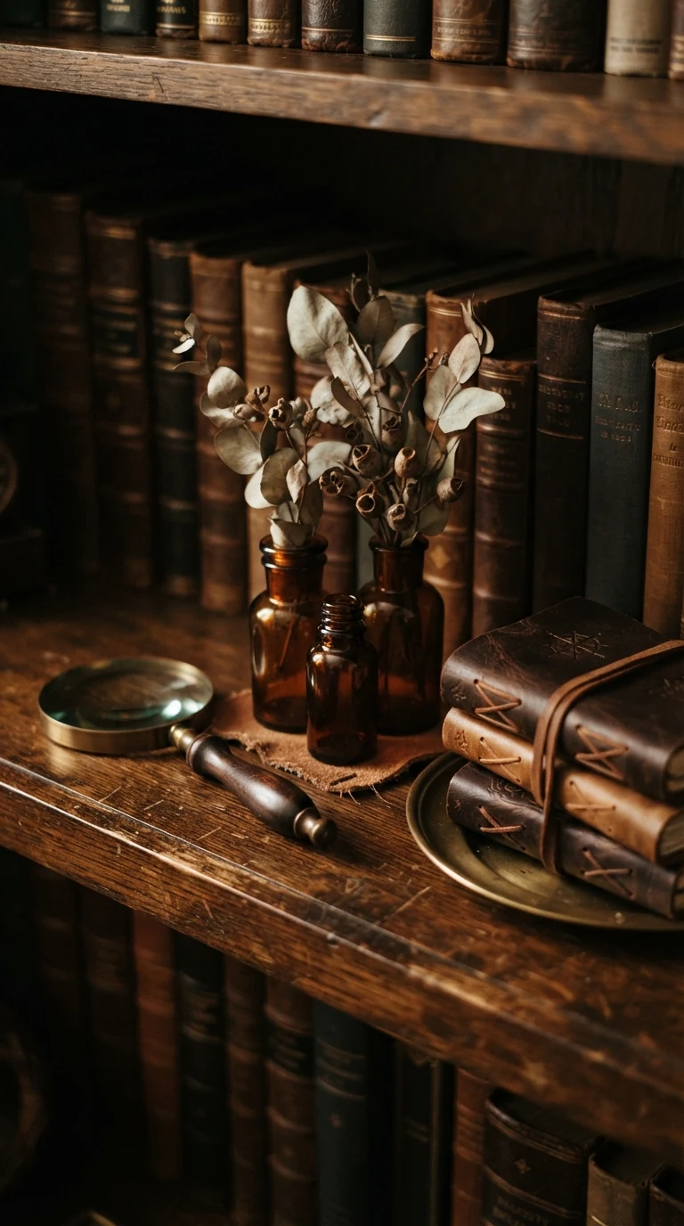 brass magnifying glass and amber apothecary bottles with dried eucalyptus on bookshelf
