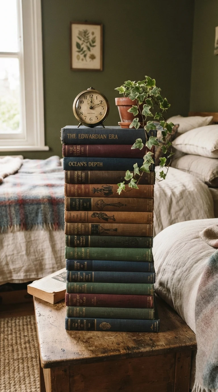 vertical stack of clothbound hardcover vintage books used as a bedside pedestal