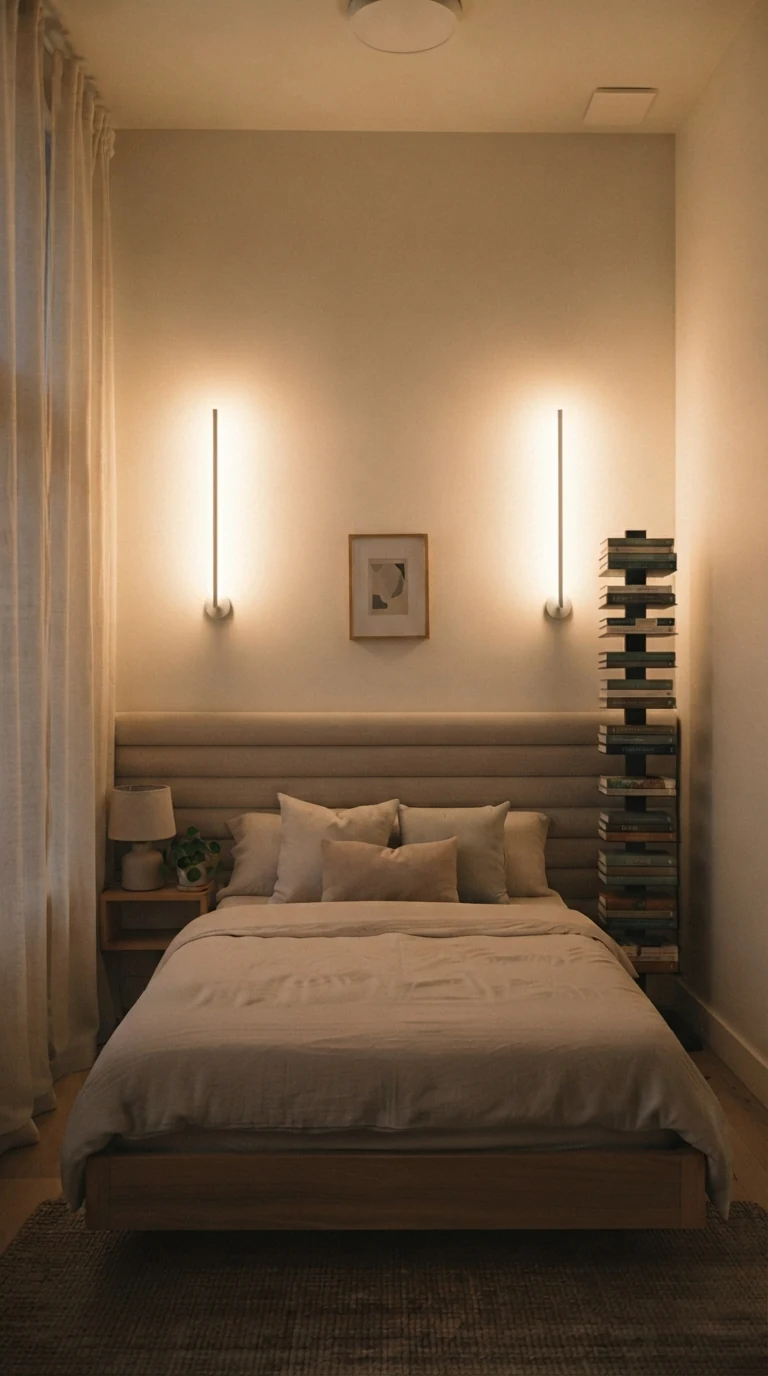 modern wall-mounted uplight sconces casting warm light upward toward ceiling plane