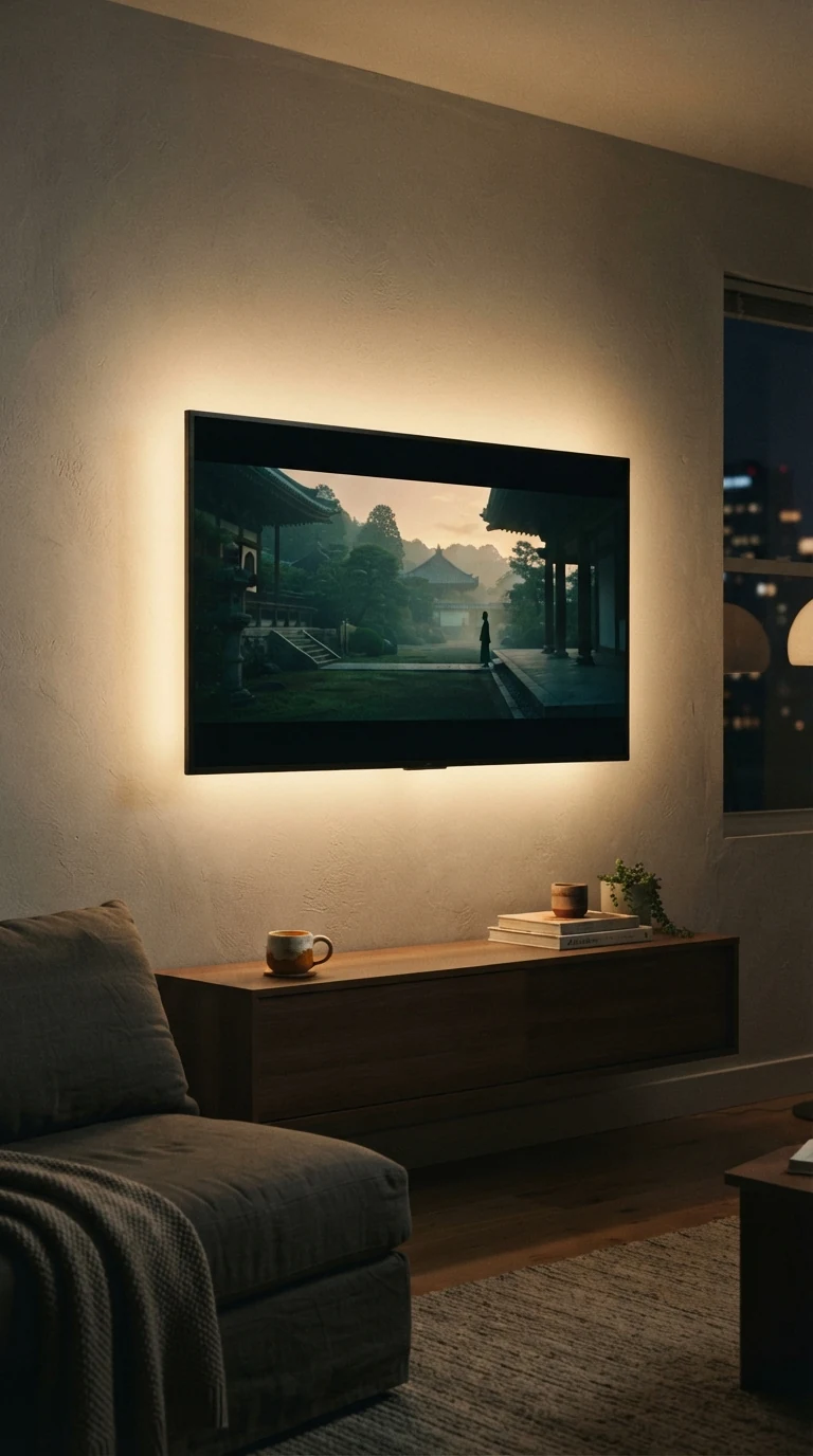 Warm white LED bias lighting strip mounted behind a flat screen television in a dimmed living room