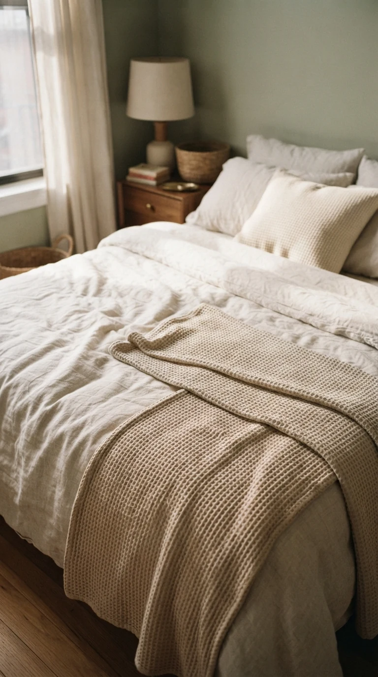 washed waffle weave cotton throw blanket in warm sand beige folded on linen bed