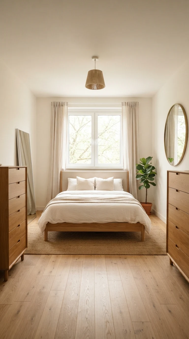 Low platform bed centered beneath a sunny double window in a 10x10 apartment bedroom