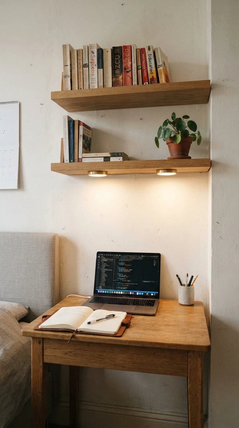 Wireless warm LED puck lights mounted under oak floating shelves washing light down onto a desk