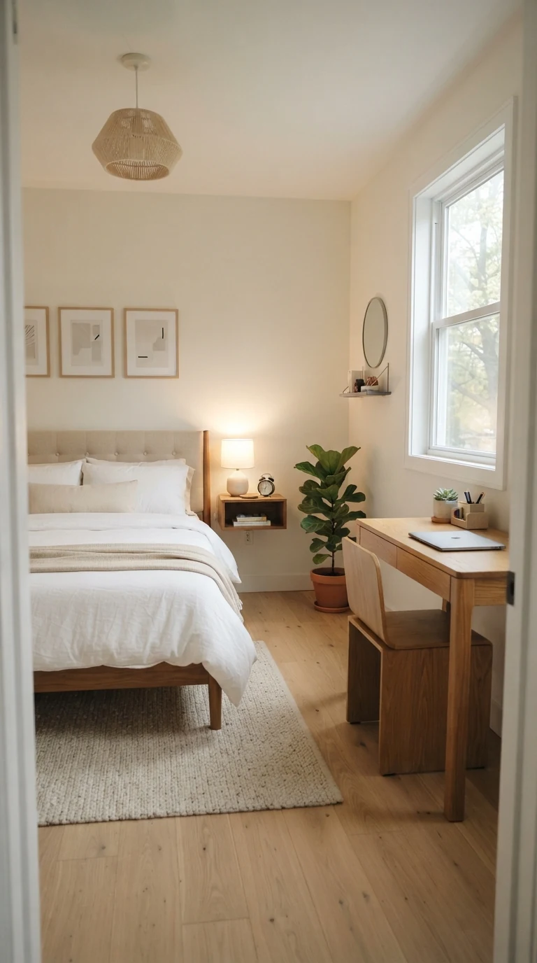 Multifunctional 10x10 bedroom with a queen bed and compact 39-inch study desk near the window