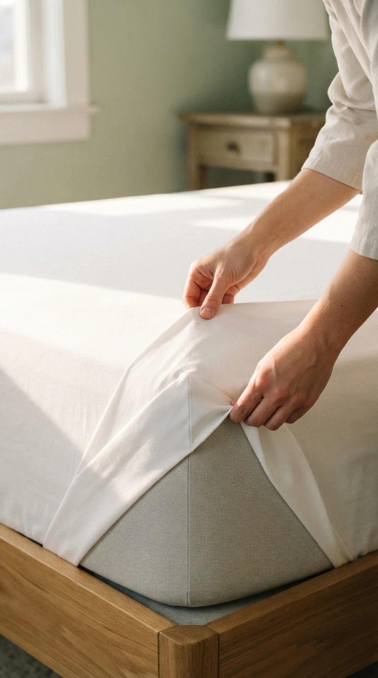hands demonstrating crisp 45-degree hospital corner bed sheet tuck on mattress