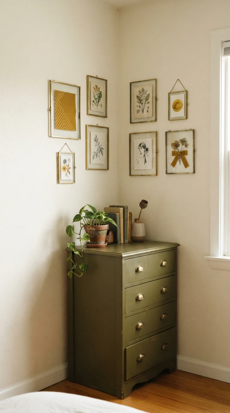 eclectic bedroom wall corner showing warm ivory wall olive chest and mustard decor accents