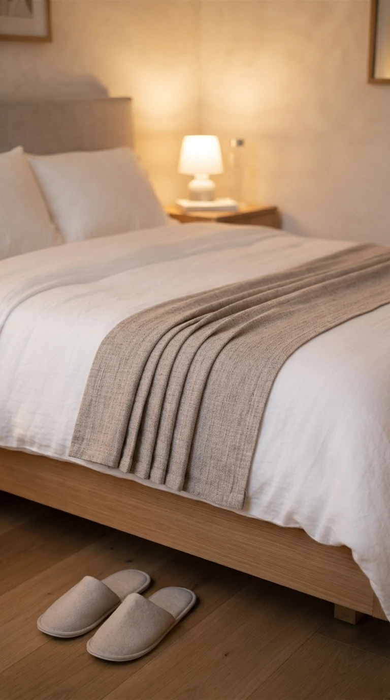 textured neutral throw blanket folded in neat horizontal accordion band across bed foot