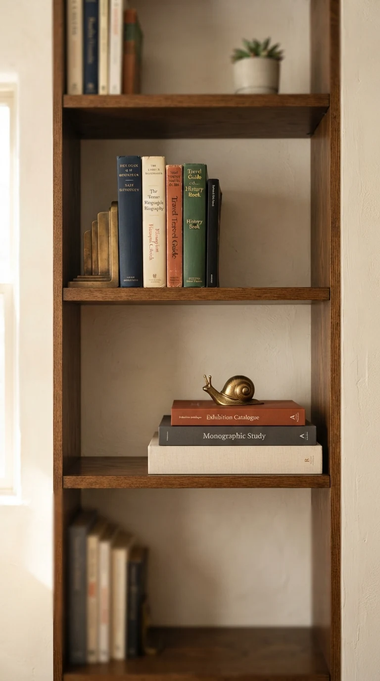 narrow apartment bookcase styled with alternating vertical and horizontal book stacks and negative space