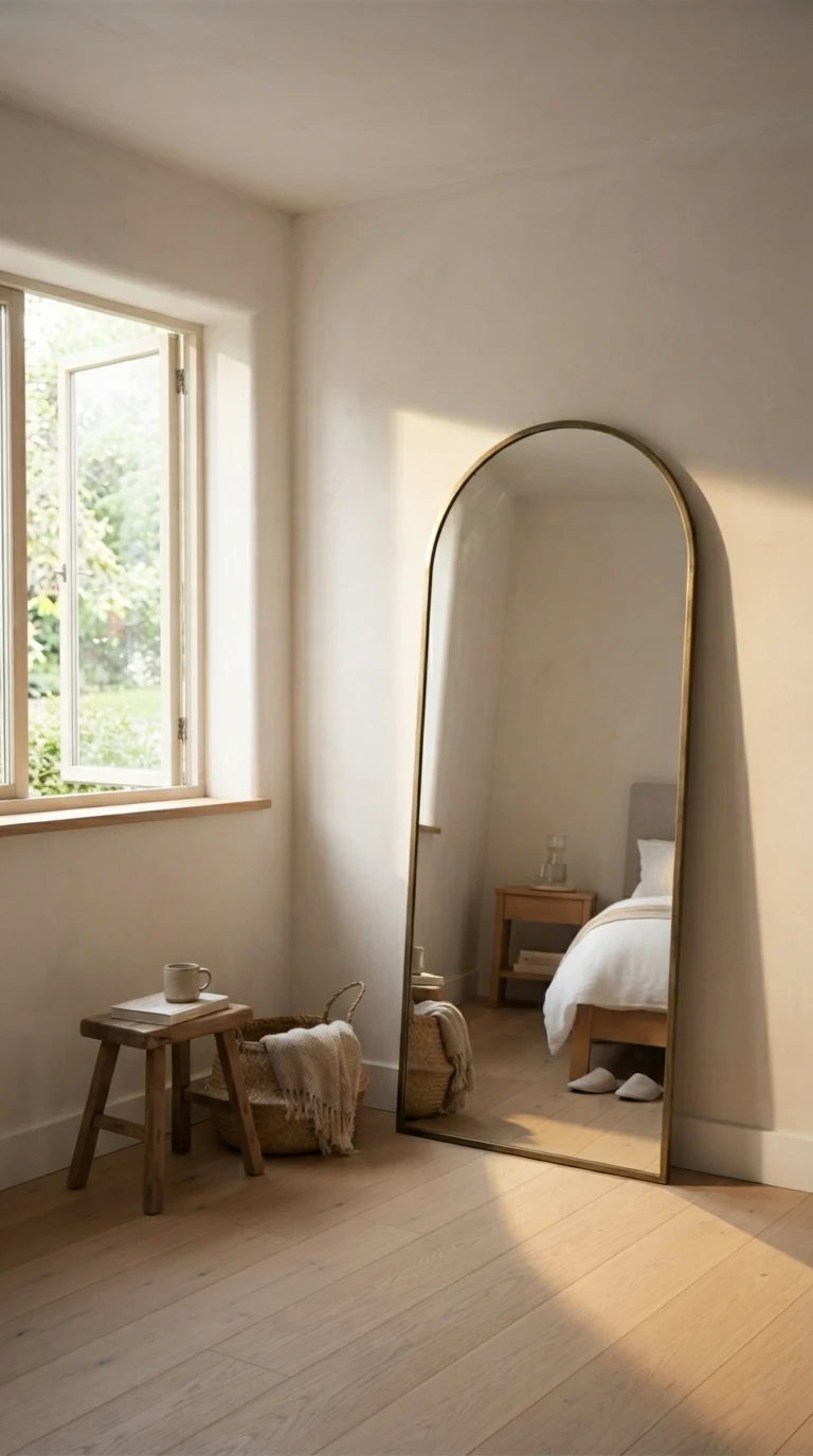 arched floor mirror angled adjacent to window bouncing daylight into dark bedroom corner