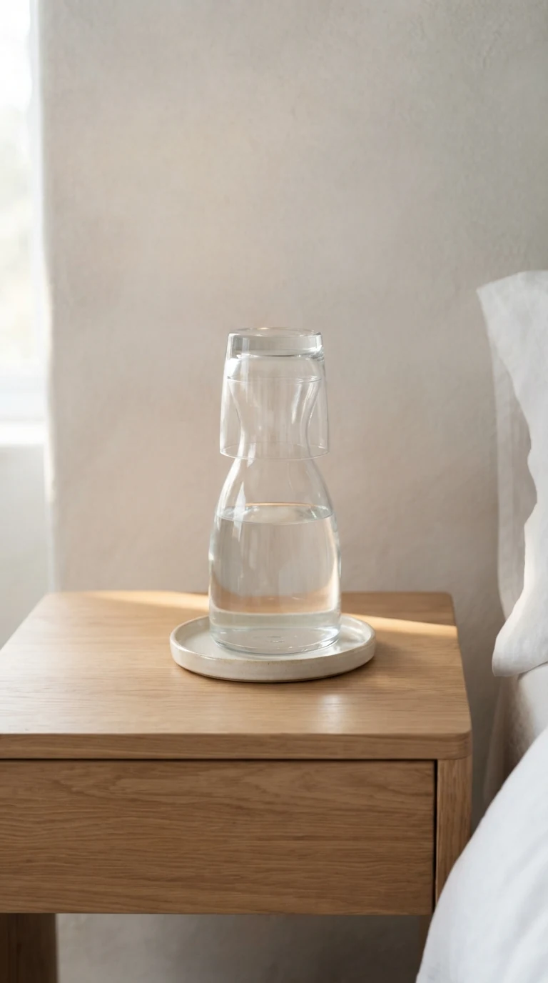 simple drinking tumbler inverted over water bottle on bedside ceramic coaster