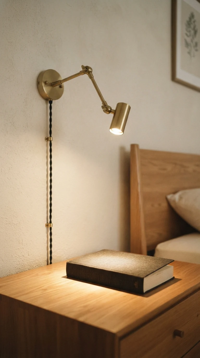 articulated brushed brass plug-in wall sconce mounted beside bed casting warm ambient glow