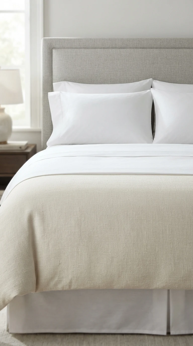 crisp white flat sheet folded down six inches over textured duvet top hem