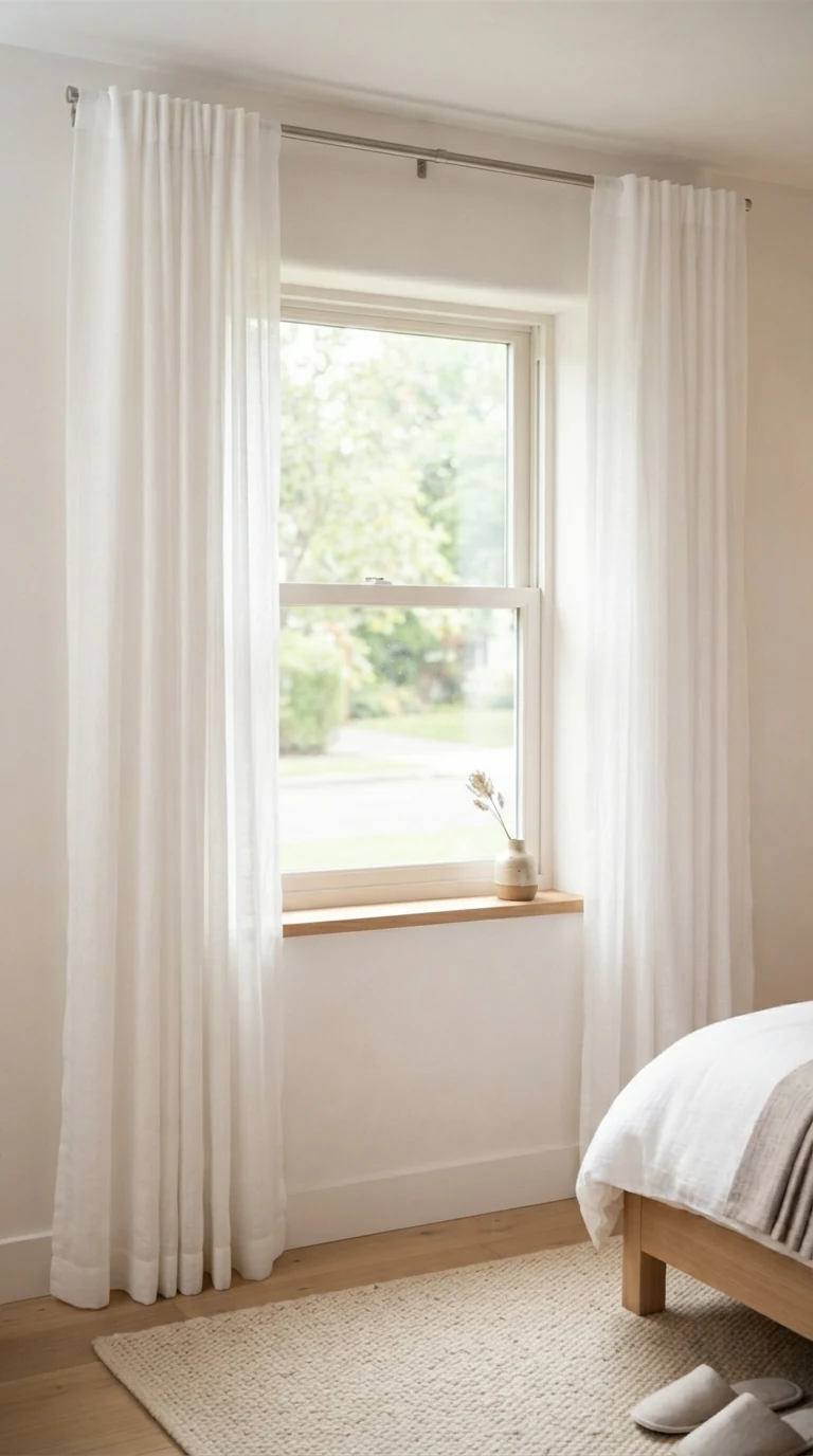 sheer curtains hung wide and pushed completely past window frame to maximize light