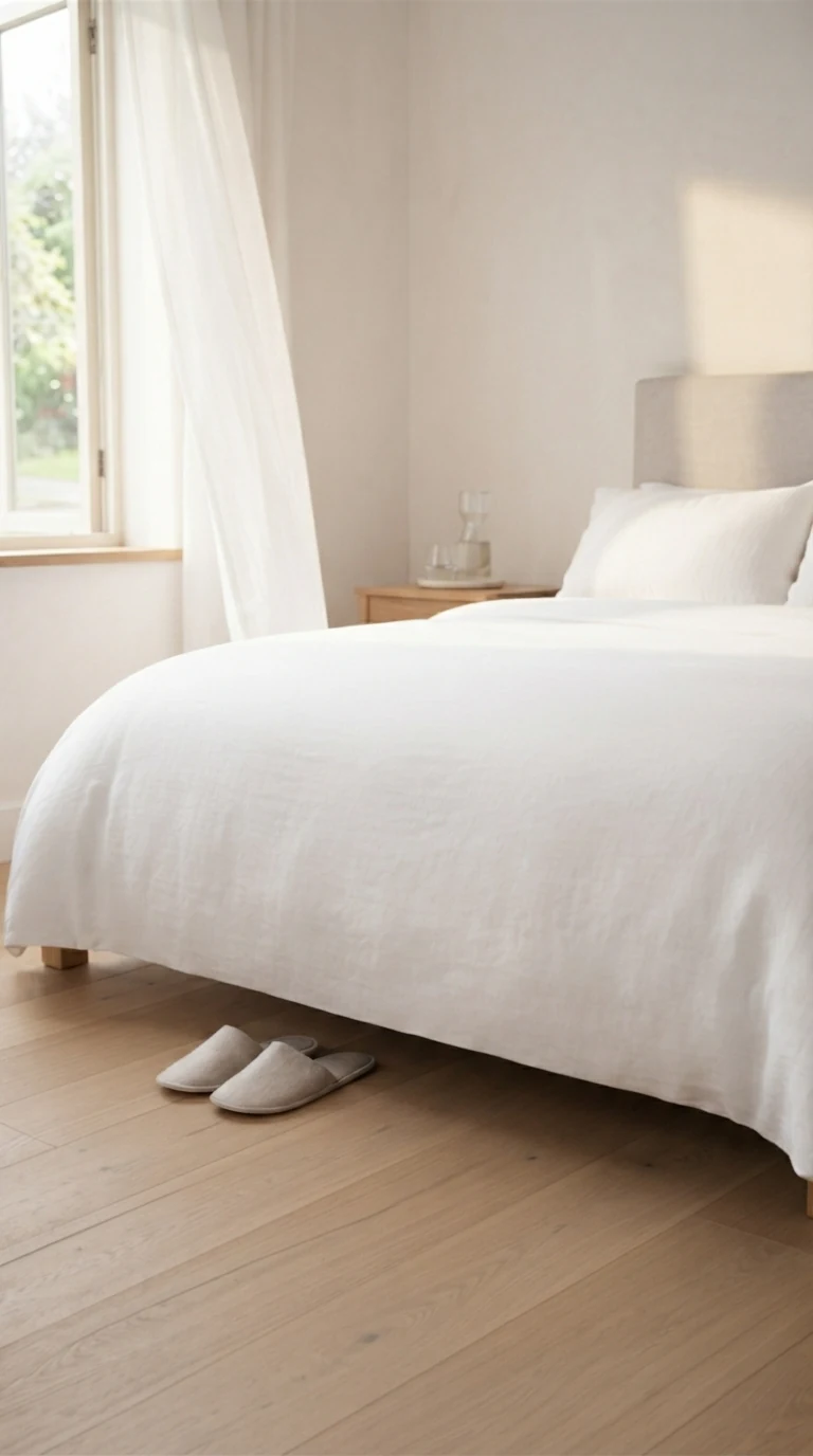 bed duvet draped low along sides completely hiding under-bed storage containers
