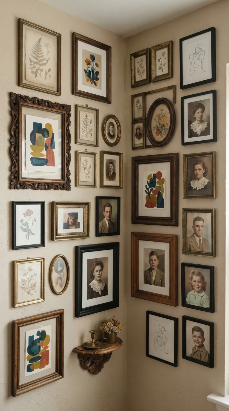 eclectic gallery wall of mixed vintage frames with two-inch spacing on neutral bedroom wall